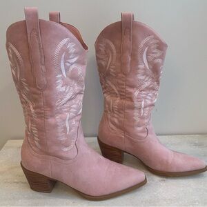 Pink Cowboy Woman’s Boots Embroidered Chunky Block Heel Wide-calf Boot Size 10